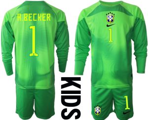 A.BECKER #1 Brasilien Målvaktströja Barn FIFA VM 2022 Qatar grön Långärmad + Korta byxor