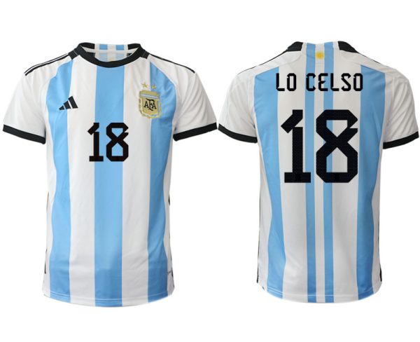 Argentina LO CELSO #18 Hemmatröja FIFA World Cup Qatar 2022 Herr Fotbollströjor Vit blå Kortärmad