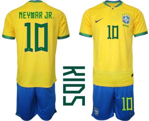 Brasilien Hemmatröja Barn FIFA VM 2022 Qatar Kortärmad + Korta byxor med namn NEYMAR JR.10