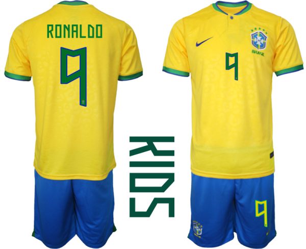 Brasilien Hemmatröja Barn FIFA VM 2022 Qatar Kortärmad + Korta byxor med namn RONALDO 9