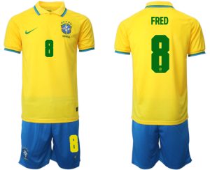 Brasilien Herr Hemmatröja VM 2022 Kortärmad + Korta byxor med namn FRED 8