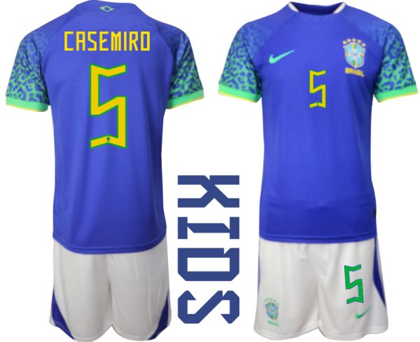 CASEMIRO #5 Brasilien Bortatröja Barn FIFA VM 2022 Qatar Kortärmad + Korta byxor