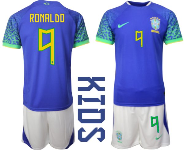 RONALDO #9 Brasilien Bortatröja Barn FIFA VM 2022 Qatar Kortärmad + Korta byxor