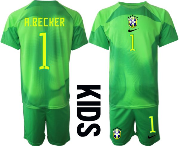 A.BECKER #1 Brasilien Målvaktströja Barn FIFA VM 2022 Qatar grön Kortärmad + Korta byxor
