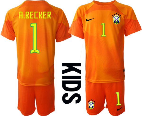 A.BECKER #1 Brasilien Målvaktströja Barn FIFA VM 2022 Qatar orange Kortärmad + Korta byxor