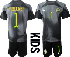 Brasilien Målvaktströja Barn FIFA VM 2022 Qatar svart Kortärmad + Korta byxor med tryck A.BECKER 1