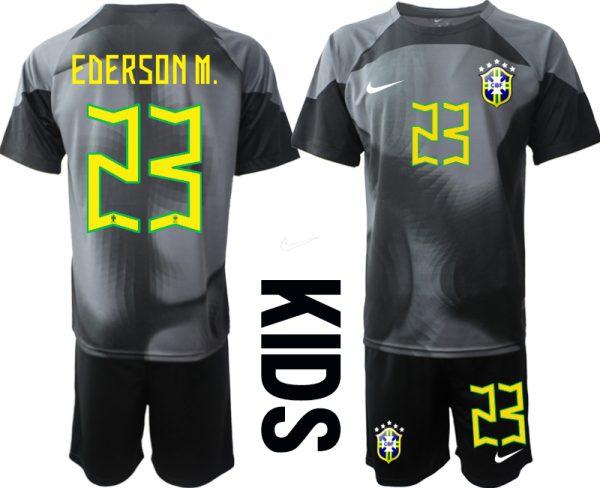 Brasilien Målvaktströja Barn FIFA VM 2022 Qatar svart Kortärmad + Korta byxor med tryck EDERSON M. 23