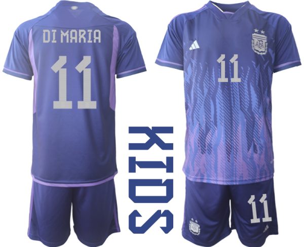DI MARIA #11 Argentina Bortatröja FIFA World Cup Qatar 2022 Barn purpurfärgad Kortärmad + Korta byxor