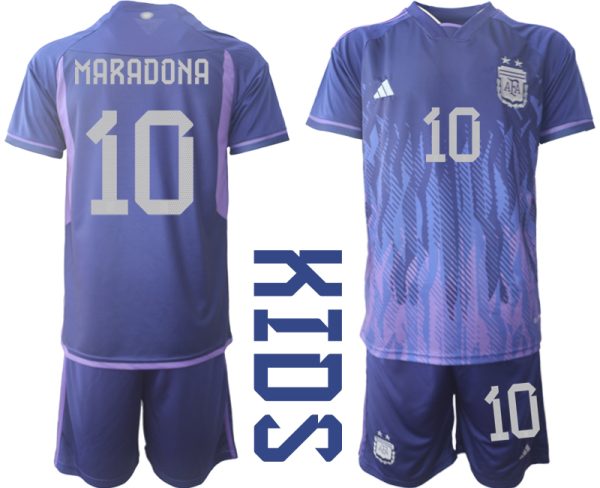 MARADONA #10 Argentina Bortatröja FIFA World Cup Qatar 2022 Barn purpurfärgad Kortärmad + Korta byxor