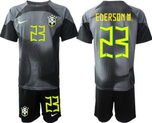 Brasilien Målvakt Hemmatröja Herr VM 2022 Kortärmad + Korta byxor med tryck EDERSON M. 23