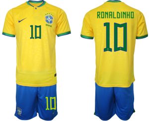 RONALDINHO #10 Brasilien Hemmatröja Herr VM 2022 Kortärmad + Korta byxor