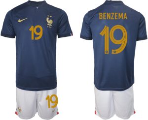 Frankrike Hemmatröja VM 2022 Herr Kortärmad Fotbollströja Set med tryck BENZEMA 19