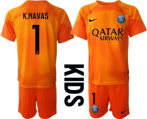 K.NAVAS #1 Paris Saint-Germain PSG Målvakt Barn 2023 orange Kortärmad + Korta byxor