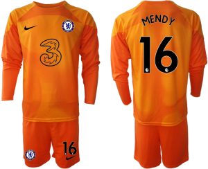 MENDY #16 Fotbollströjor För Män Chelsea FC 2023 Målvaktströja orange Långärmad + Korta byxor