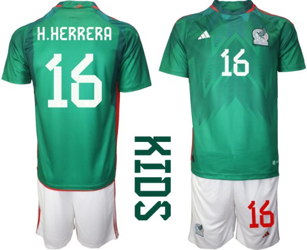 Mexiko Hemmatröja Barn VM 2022 Kortärmad + Korta byxor med namn H.HERRERA 16