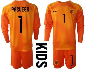 Nederländerna Barn Målvaktströja 2023 orange Långärmad + Korta byxor med tryck PASVEER 1