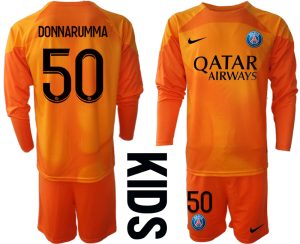 Paris Saint-Germain PSG Målvakt Barn 2023 Orange Långärmad Fotbollströja Set med tryck DONNARUMMA 50