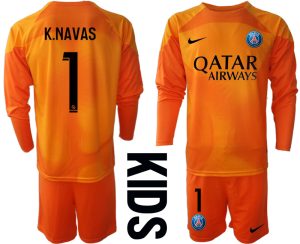 Paris Saint-Germain PSG Målvakt Barn 2023 Orange Långärmad Fotbollströja Set med tryck K.NAVAS 1