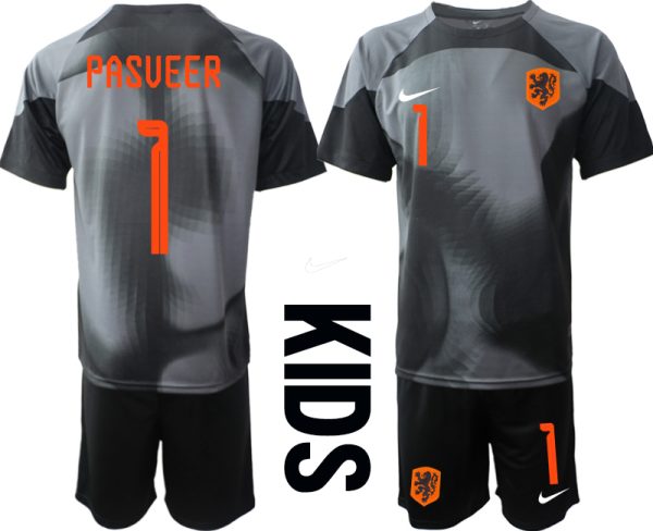 PASVEER #1 Nederländerna Barn Målvakt VM 2022 Kortärmad + Korta byxor