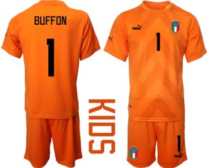 BUFFON #1 Italien Målvaktströja 2023 Barn orange Fotbollströjor Kortärmad + Korta byxor