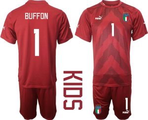 BUFFON #1 Italien Målvaktströja 2023 Barn Röd Fotbollströjor Kortärmad + Korta byxor