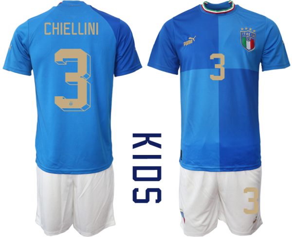 Italien Hemmatröja 2023 Barn Fotbollströjor Kortärmad + Korta byxor med tryck CHIELLINI 3