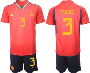 PIQUE #3 Fotboll Träningsdräkt Spanien Hemmatröja Herr VM 2022 Kortärmad + Korta byxor