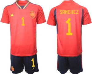 SANCHEZ #1 Fotboll Träningsdräkt Spanien Hemmatröja Herr VM 2022 Kortärmad + Korta byxor