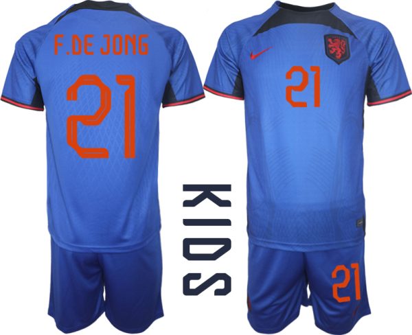 Nederländerna Matchtröjor Barn Fotbollströja VM 2022 Kortärmad + Korta byxor F.DE JONG 21