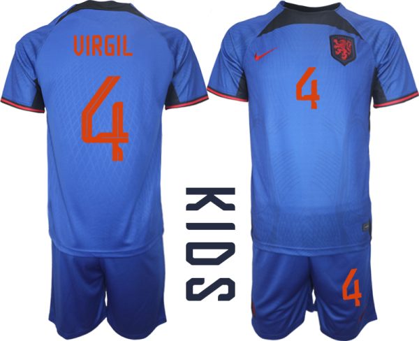 Nederländerna Matchtröjor Barn Fotbollströja VM 2022 Kortärmad + Korta byxor VIRGIL 4